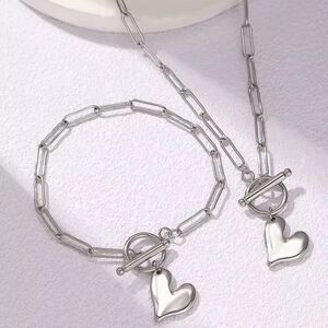 Silver Heart Pendant Necklace and Bracelet Set